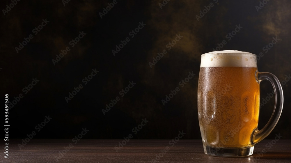 Glass of beer with foam on a wooden table. AI Generative