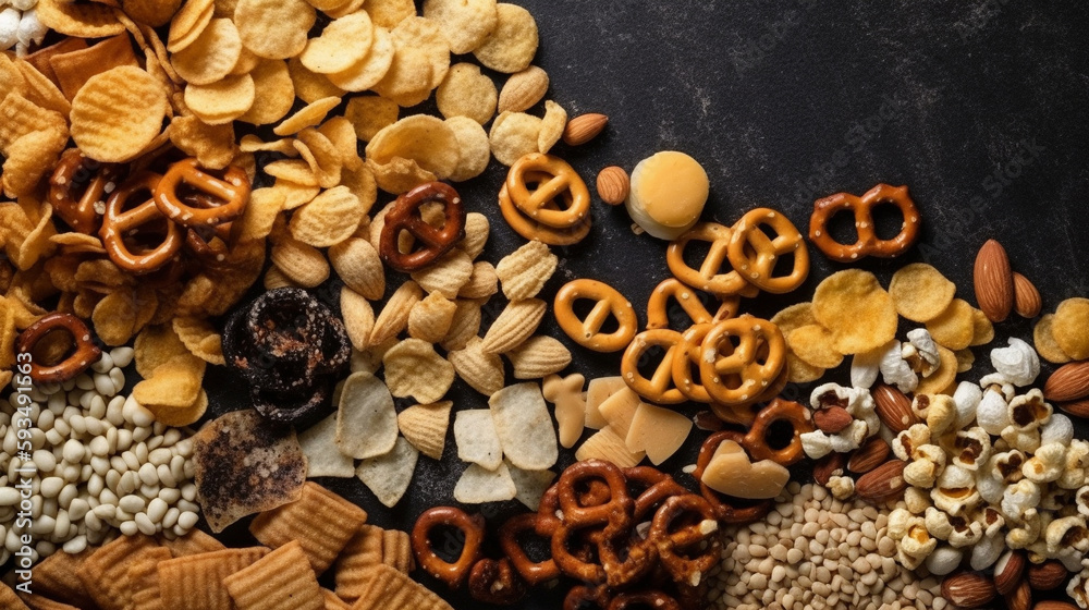 Salty beer snack on dark background with copy space, top view. AI Generative Salty beer snack on dark background with copy space, top view. AI Generative