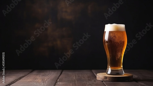 Glass of beer with foam on a wooden table. AI Generative