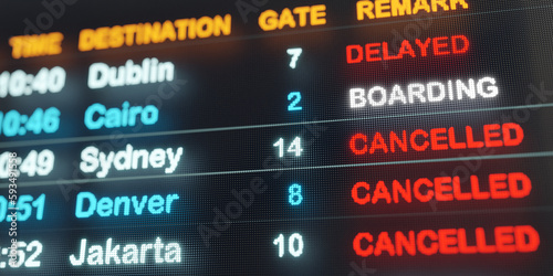 Airport arrival and departure flight board. Flight board with cancelled or delayed flights. Device screen, airport terminal, information medium, tourism, arrival, departure and travel. 3D illustration
