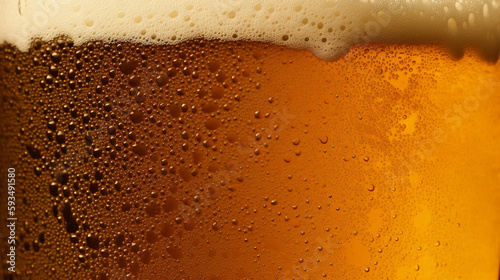 Close-up of a glass of beer with foam and bubbles. AI Generative
