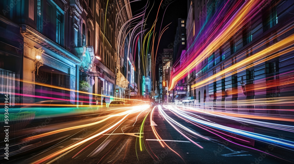 Long exposure of a road with light trails of passing vehicles. AI Generative