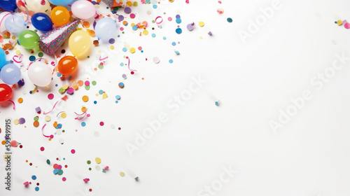 balloons, ribbons and confetti on a white background top view. Celebration. AI Generative