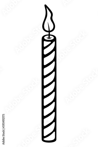 Burning candle. Sketch. The flame is wriggling. Twisted pattern on a paraffin candle. Decoration for a birthday cake. Vector illustration. Coloring book. Doodle style. Outline on isolated background. 