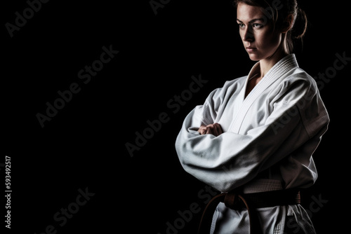 Black Belt Warriors: Woman in Kimono and Black Belt on Black Background with Space for Text. Martial Arts Discipline Concept AI Generative photo