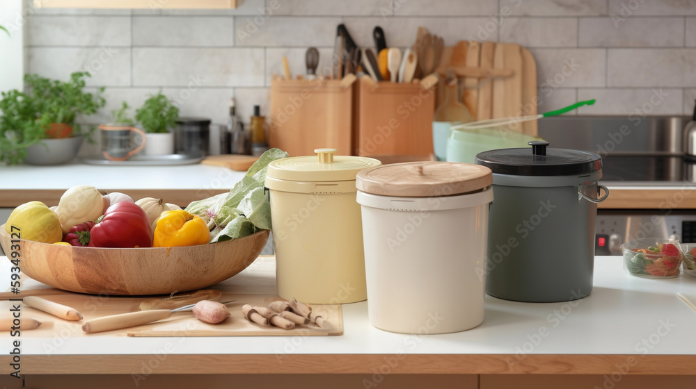 Open cabinet with full trash bins for separate waste collection in kitchen. AI Generative Open cabinet with full trash bins for separate waste collection in kitchen. AI Generative