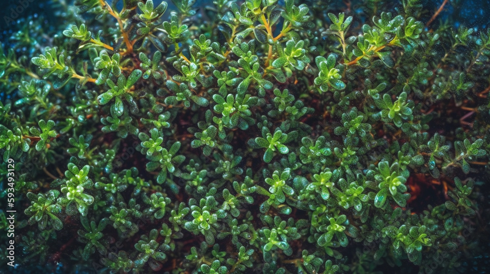 Fresh thyme with water drops on dark background, top view. AI Generative Fresh thyme with water drops on dark background, top view. AI Generative