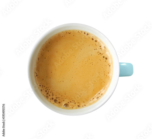 Cup of frothy coffee espresso top view isolated on white background