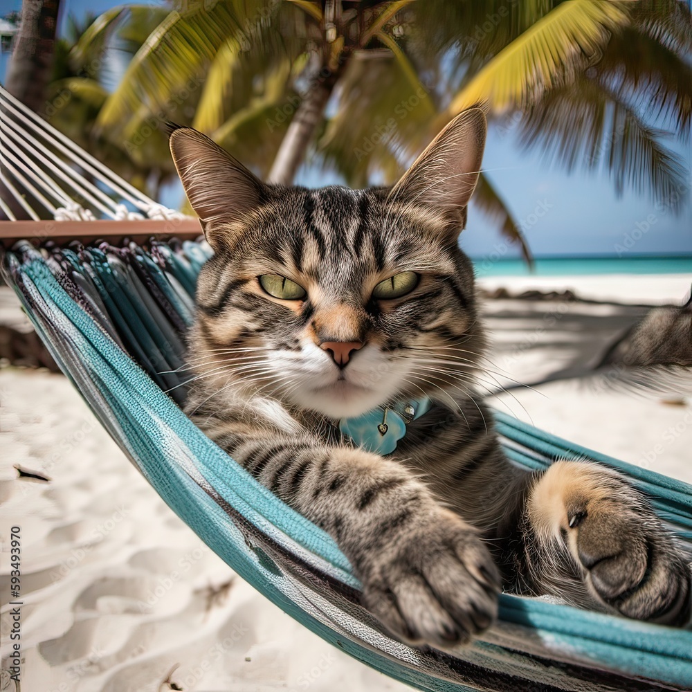 cute cat lying in hammock on beach with palm trees. Cute cat on vacation lying in hammock on beach with palm trees. Generative Ai.