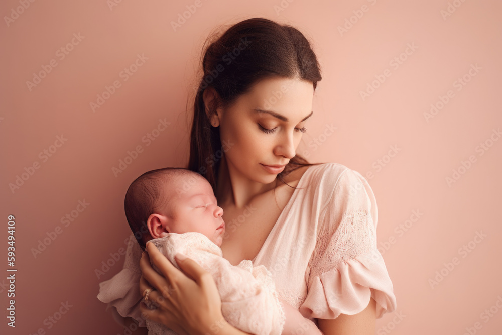 Maternal love and care. Mother holding newborn baby isolated on pastel pink background. Copy space. Parenting concept AI Generative