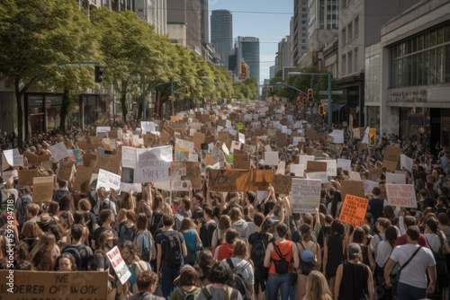 Protest Movement: A large group of people holding signs and protesting in the city, Generative AI