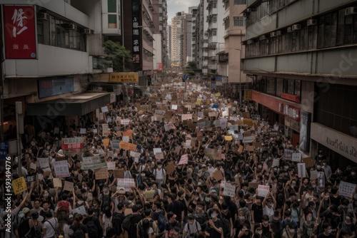 Protest Movement: A large group of people holding signs and protesting in the city, Generative AI