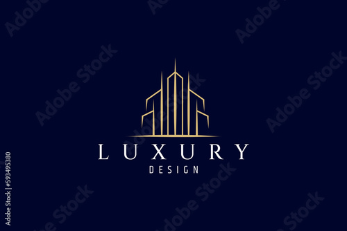 City building or skyscraper logo in the form of abstract design with luxury gold color in dark background