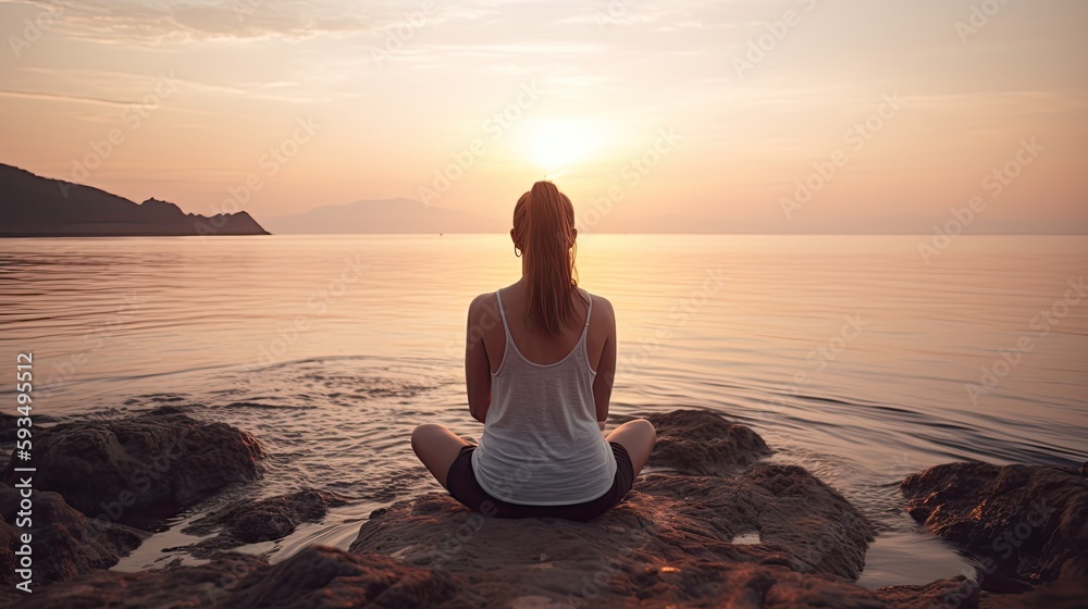 Fototapeta premium Young woman practicing yoga near the sea in summer. Harmony and meditation concept. Healthy lifestyle, enjoying life, summer fun, self care, mindfulness concept