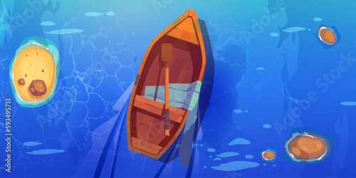 Top view boat in blue sea water sunny landscape cartoon illustration. Wooden dinghy with paddle floating in river nautical vector background. Fantasy adventure topview lake banner layout