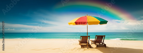 Summer Vacation Beach. Summer beach is decorated with colorful chairs. 