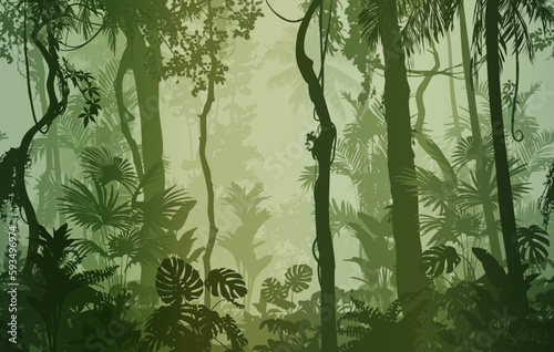 Seamless horizontal background, vector. Jungle, tropical forest with a variety of plants, trees and vines. Green tones © kozerog2015