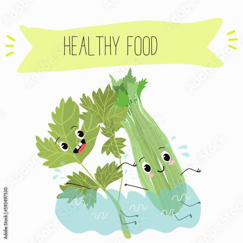 Illustration with funny characters celery with green leaves, stalks, parsley, garnish greenery,spice,   Funny and healthy food. Vitamins, salad, cute face food, ingredients, vegetarian, vector cartoon