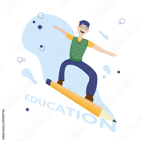 Happy Student in Glasses Standing Flying on Pencil to new Knowledge