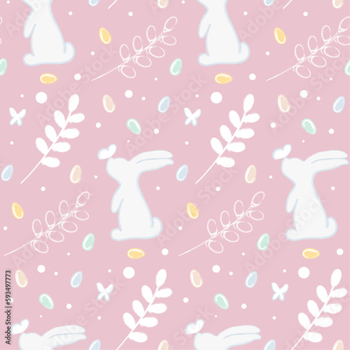 Easter pattern with cute white rabbit with butterfly on nose and colorful egs