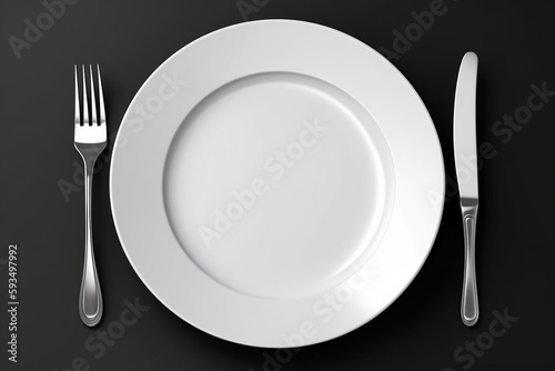 Empty plate with fork and knife on black. Served cutlery  minimal dark table setting. Menu mockup  space for text  diet concept. AI generated