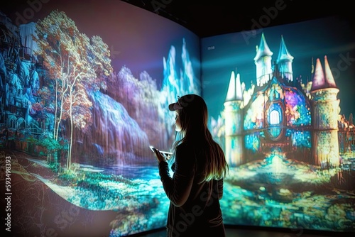 Obraz na płótnie Hologram Display technology for interactive entertainment experiences: holographic video games or concerts. Used in theme parks or other entertainment venues to make engaging experiences for visitors. w salonie