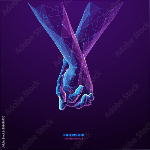 Abstract two people holding hands. Digital hand-holding in blue purple colors on dark violet background. Friendship and support concept in polygons and lines. Low poly wireframe vector illustration.