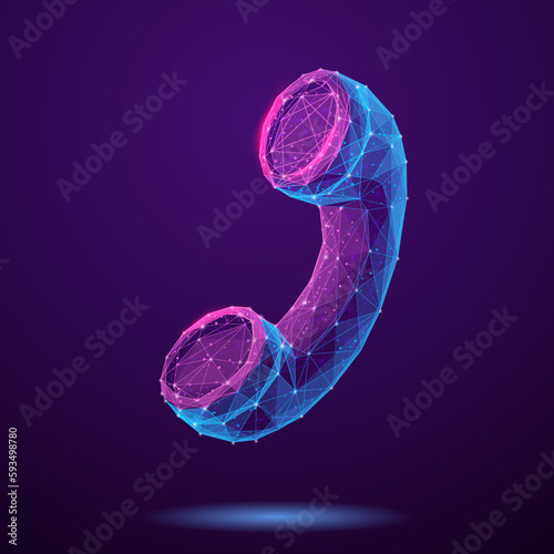 Abstract digital handset in technology blue purple polygons. Low poly wireframe receiver on dark background. Telephone receiver as a sign of call center. Call support concept. Vector illustration.
