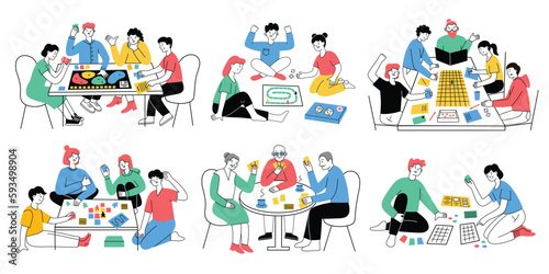 Friends and family playing board games, collection of hand drawn scenes, modern tabletop roleplay games, vector illustration of children’s adventure game, senior card games, hobby and leisure activity