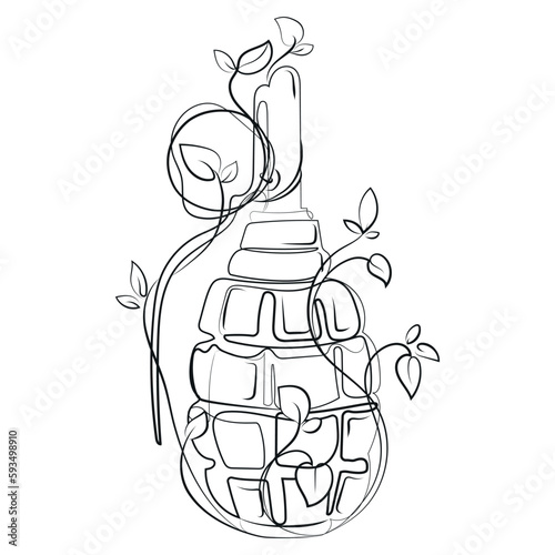 F 1 grenade with growing leaves and plants Line art drawing for print poster,t shirt design,tattoo idea vector illustration.Creative design element for anti terrorism day concept.Hand drawn sketch