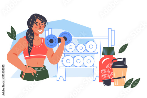 Fitness program, gym and sports nutrition promotion banner, vector illustration isolated on white background. Sports and fitness banner with woman doing sports and taking sports nutrition supplements.