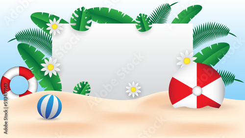 summer banner background with leaves, flower, umbrella, beach ball, sunglasses and white board for the text