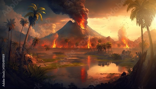Canvas Print A game setting of landscape from 10,000 BC with volcanoes and lava