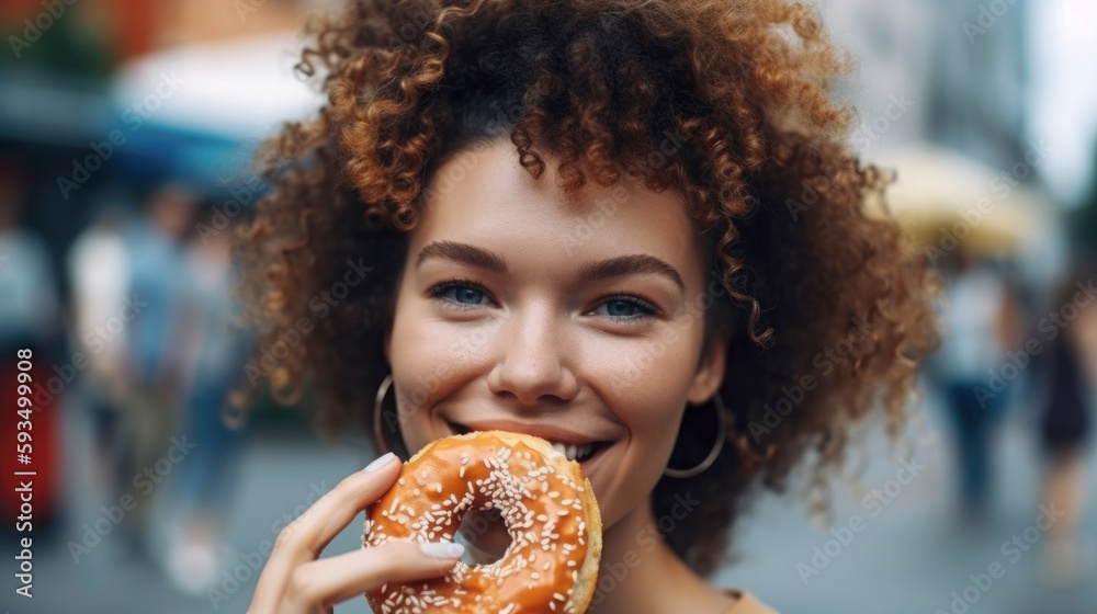 Young urban woman smiling happy showing a big donut on the city street. Portraits, lifestyle. Illustration, Generative AI Young urban woman smiling happy showing a big donut on the city street. Portraits, lifestyle. Illustration, Generative AI