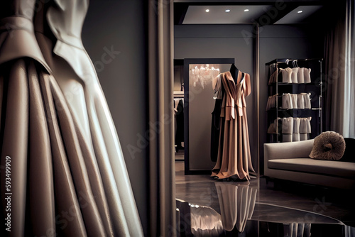 interior of a haute couture evening dress shop. High fashion concept, haute couture, designer. Illustration. Generative AI