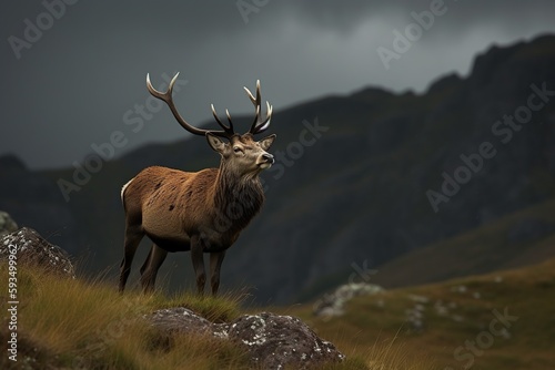 A magnificent Red Deer stands atop a mountain peak, surveying its domain with regal grace
