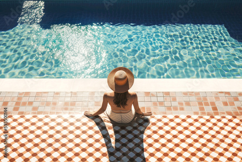 Enjoying suntan. Top view of young woman with hat on the near the private swimming pool in beautiful tiled backyard. Vacation concept. Illustration. Generative AI