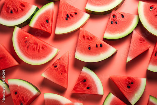 Background of slices of delicious watermelon on red background from above. Illustration-Generative AI