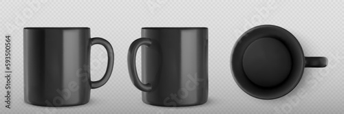 3d mockup of black mug for tea or coffee. Template of blank ceramic or porcelain cup. Empty black mug in front, side and top view, vector realistic set isolated on transparent background