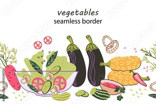 Fresh vegetables and plant food seamless repeatable decorative border design, flat vector illustration isolated on white background. Seamless border for vegetables packs design and kitchen textile.