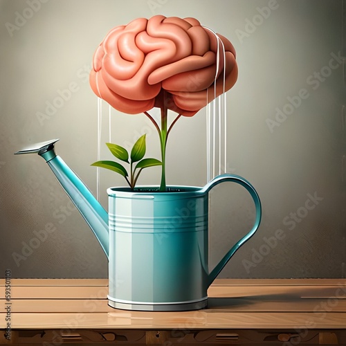 HUMAN BRAIN GROWING FROM A FLOWER WATERING CAN WITH A DROPPING WATER ON THE MIND, MENTAL HEALTH conceptY, positive ATTITUDE, CREATIVE THINKING, GENERATIVE AI  photo