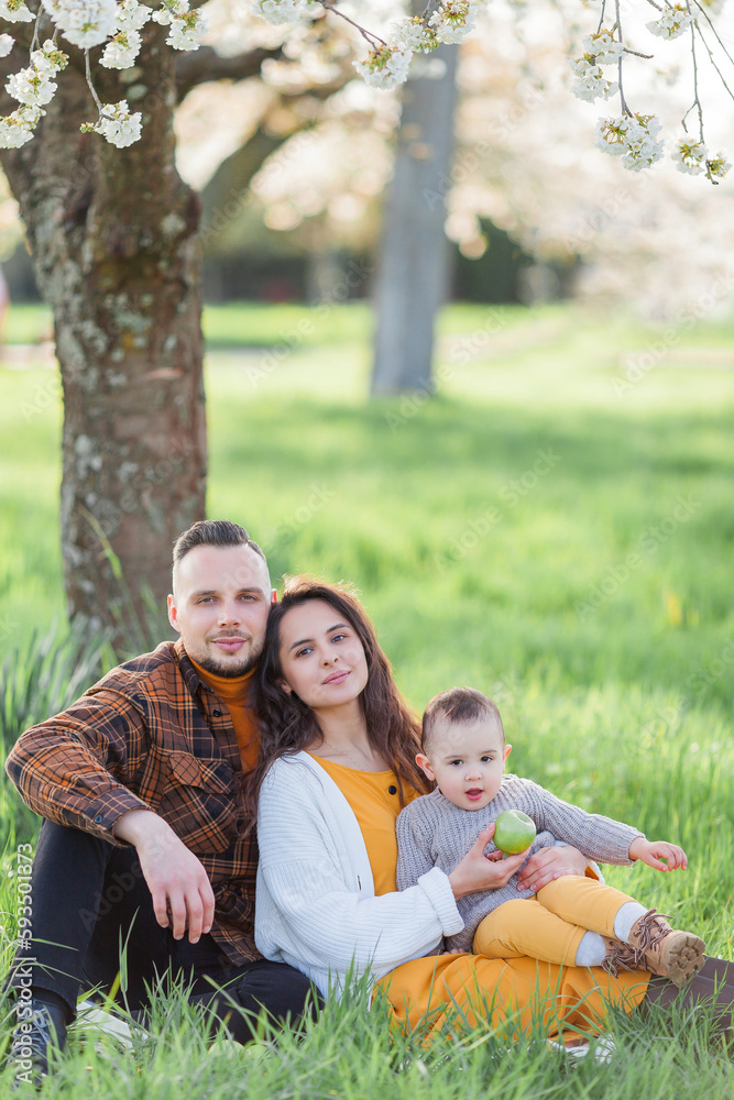 Happy young family with little son walks in blooming garden. Mom and dad with 1 year old baby. Spring. Happy young family with little son walks in blooming garden. Mom and dad with 1 year old baby. Spring.