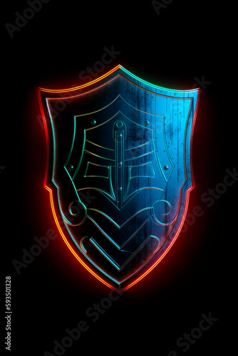 Blue and red neon sign with hand holding shield on black background. Generative AI.