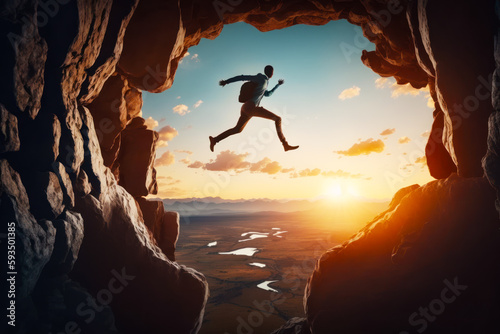 Man jumping into the air from cave into river at sunset. Generative AI.