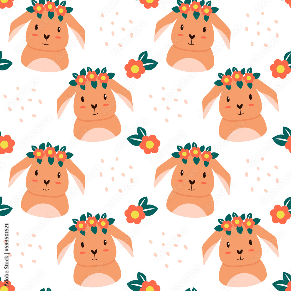 Naklejka premium Pattern with cute cartoon rabbit and flowers. Seamless pattern. Can be used to fill web page background, textile, wrapping paper. Vector