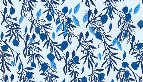 seamless pattern, vector. Abstract natural hand drawn pattern design with blue leaves, branches. Simple contemporary style illustrated Design for fabric, print, cover, banner,, Ai generated 