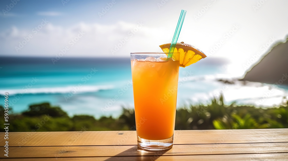 Bay Breeze cocktail on background with blue sea and sky tropical background. Generative AI Bay Breeze cocktail on background with blue sea and sky tropical background. Generative AI