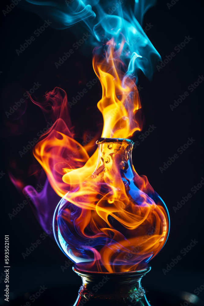 Glass flask filled with liquid and colorful flames on black background. Generative AI.
