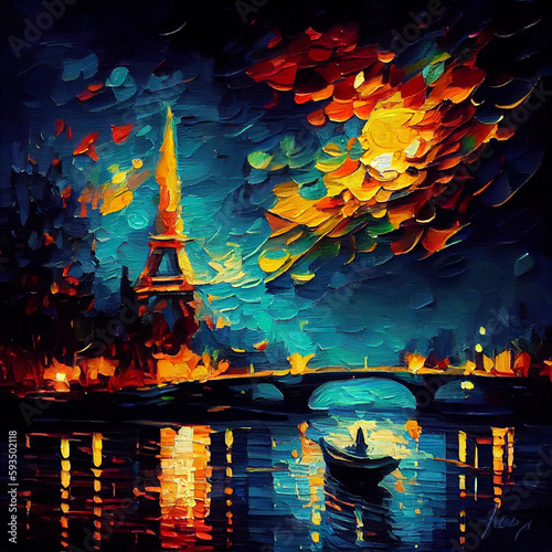 Oil painting Eiffel tower, black kitty, fragrant breeze, magnificent starry sky