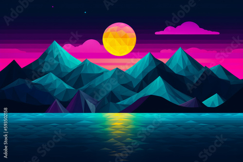 Image of mountain range with full moon in the sky and body of water in the foreground. Generative AI.
